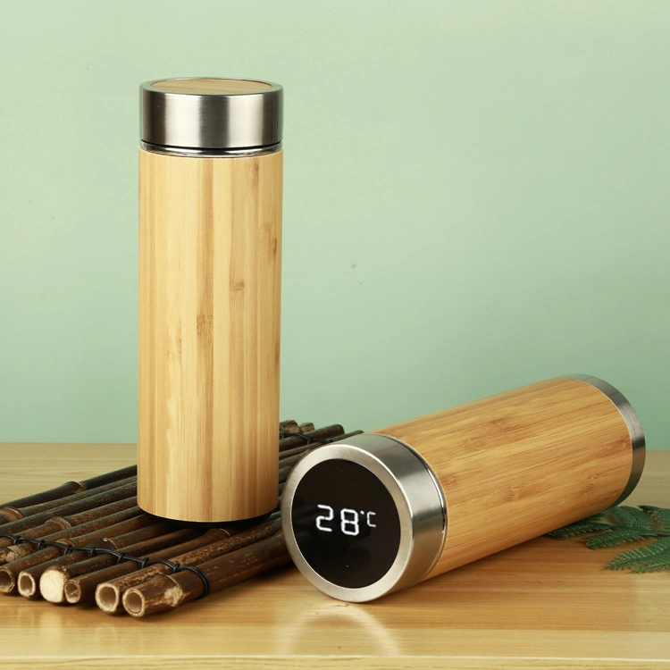 380ml/500ml Smart Water Bottle Stainless Steel Bamboo Vacuum Flask with Temperature Display Lid