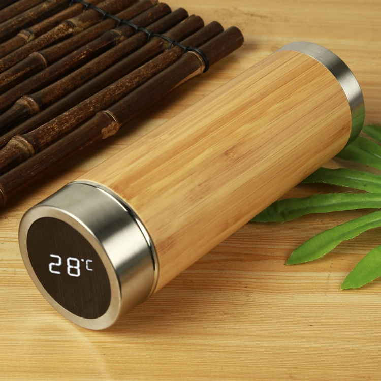 380ml/500ml Smart Water Bottle Stainless Steel Bamboo Vacuum Flask with Temperature Display Lid